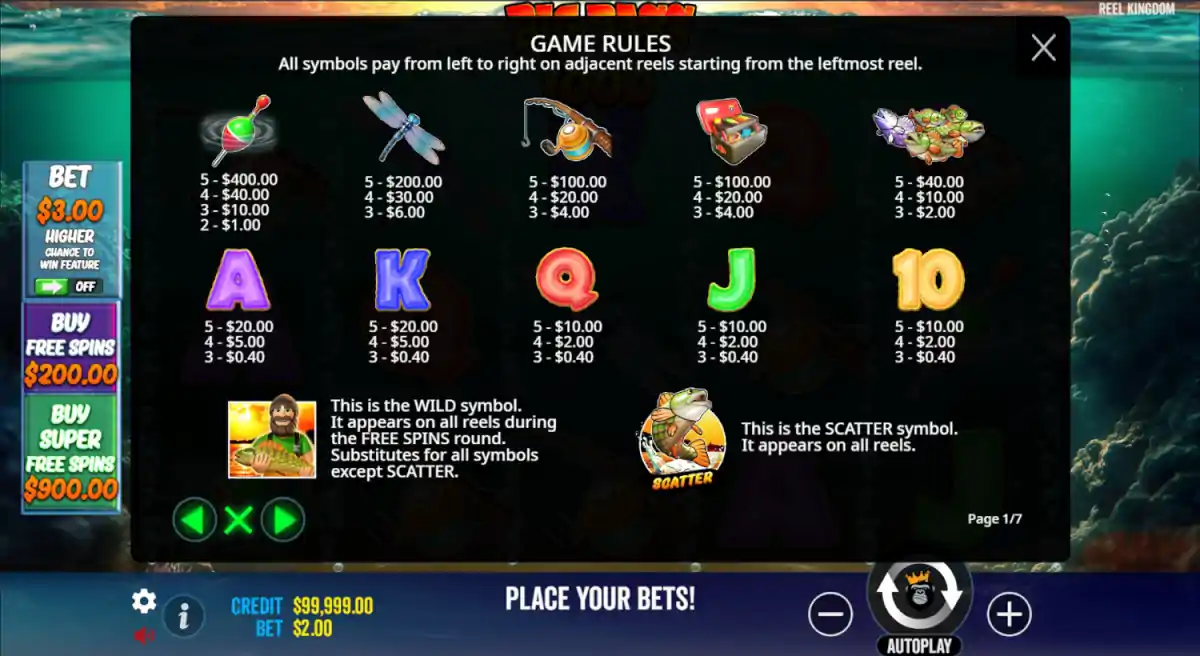Big Bass Bonanza 1000 paytable — symbol values and fish species