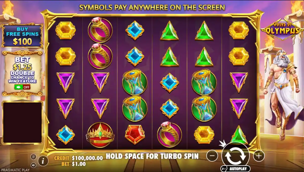 Gates of Olympus game screenshot — Zeus slot base game reels