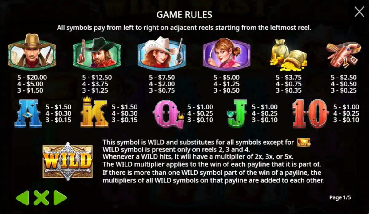 Wild West Gold paytable — western symbols and multiplier wilds