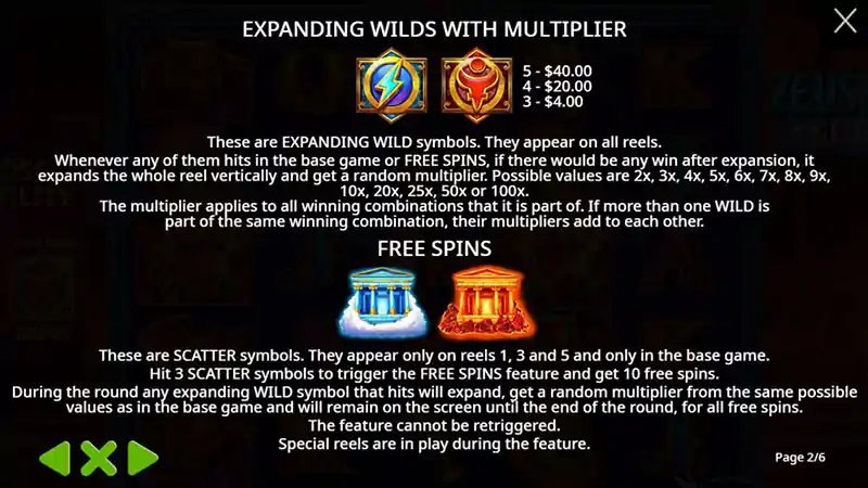Zeus vs Hades paytable and special symbols